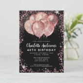 Glam Black Pink Rose Gold Glitzer Ballon Geburtsta Einladung (Stehend Vorderseite)