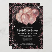 Glam Black Pink Rose Gold Glitzer Ballon Geburtsta Einladung (Vorne/Hinten)