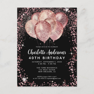 Glam Black Pink Rose Gold Glitzer Ballon Geburtsta Postkarte