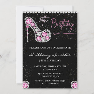 Glam Black Pink Silver Diamond 34. Geburtstag Einladung