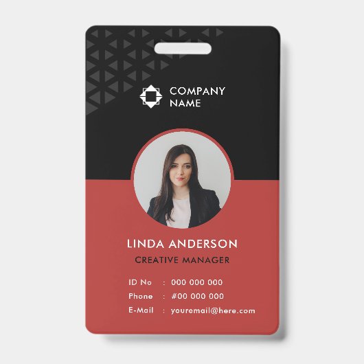 Glam Black Red Employee Foto ID Abstraktes Muster Ausweis (Vorderseite)