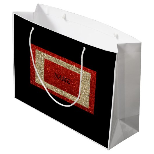 Glam Black Red und Gold Glitzer Name Große Geschenktüte (Rückseite Schrägansicht)