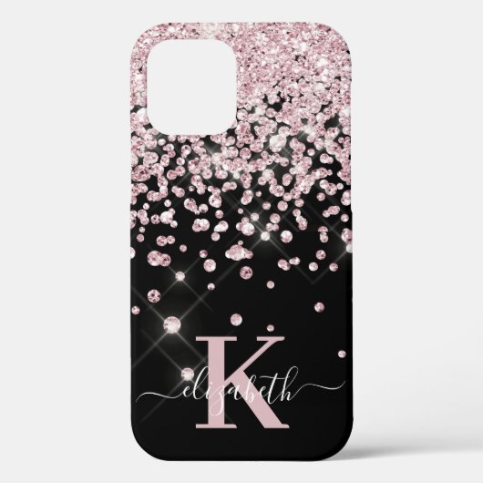 Glam Black Rose Gold Diamond Confetti Mit Monogram Case-Mate iPhone Hülle (Rückseite)