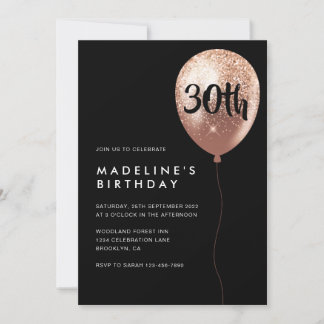Glam Black Rose Gold Glitzer Ballon 30. Geburtstag Einladung