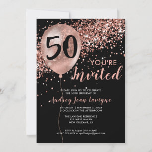 Glam Black Rose Gold Glitzer Ballon 50. Geburtstag Einladung