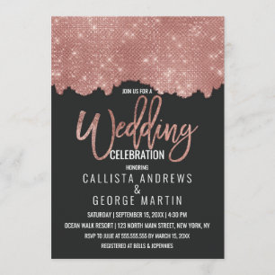 Glam Black Rose Gold Glitzer Farbblock Hochzeit Einladung