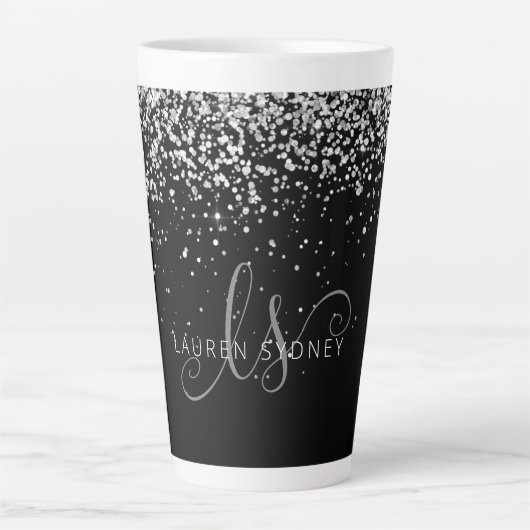 Glam Black Silver Glitter Glam Monogram Milchtasse (Vorderseite)