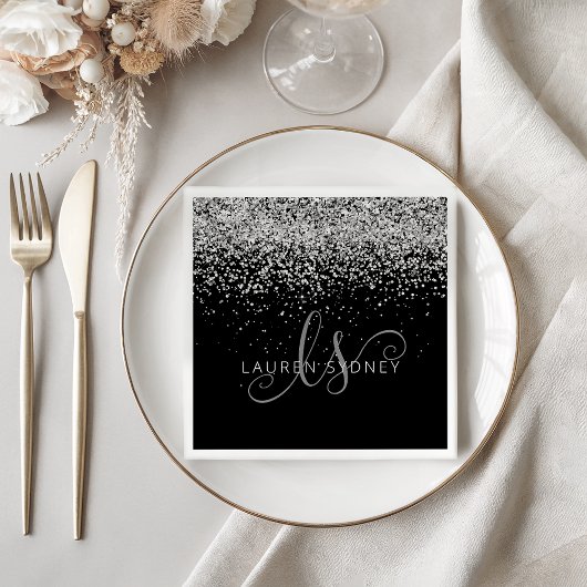Glam Black Silver Glitter Glam Monogram Serviette
