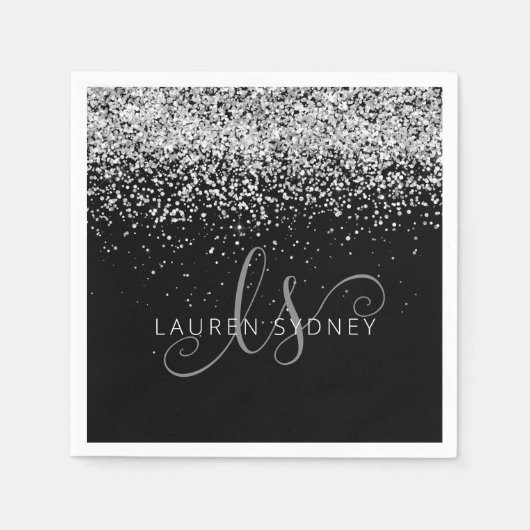 Glam Black Silver Glitter Glam Monogram Serviette (Vorderseite)