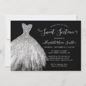 Glam Black Silver Glitzer Kleid Sweet 16 Geburtsta Einladung (Vorderseite)