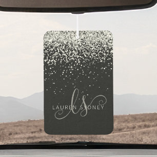 Glam Black Silver Glitzer Monogram Name Autolufterfrischer