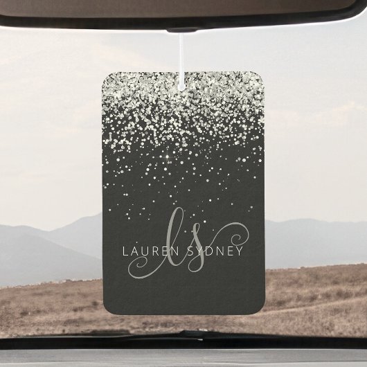Glam Black Silver Glitzer Monogram Name Autolufterfrischer