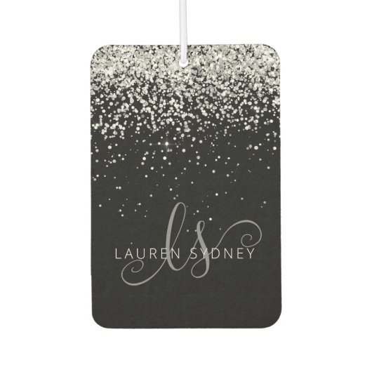 Glam Black Silver Glitzer Monogram Name Autolufterfrischer (Vorderseite)