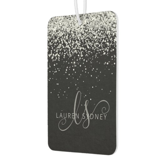 Glam Black Silver Glitzer Monogram Name Autolufterfrischer (Links)
