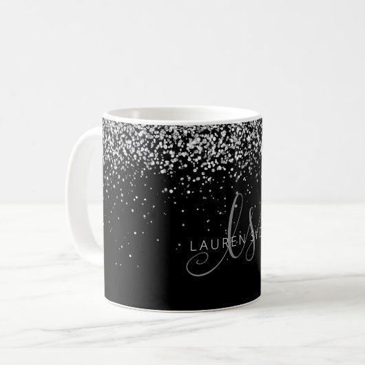 Glam Black Silver Glitzer Monogram Name Coffee Tas Kaffeetasse (Vorderseite Links)