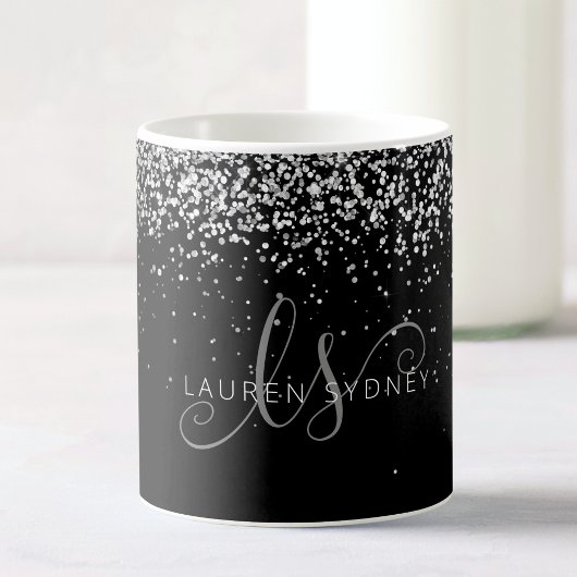 Glam Black Silver Glitzer Monogram Name Coffee Tas Kaffeetasse