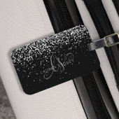 Glam Black Silver Glitzer Monogram Name Gepäckanhänger