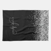Glam Black Silver Glitzer Monogram Name Geschirrtuch (Horizontal)