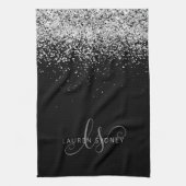 Glam Black Silver Glitzer Monogram Name Geschirrtuch (Vertikal)