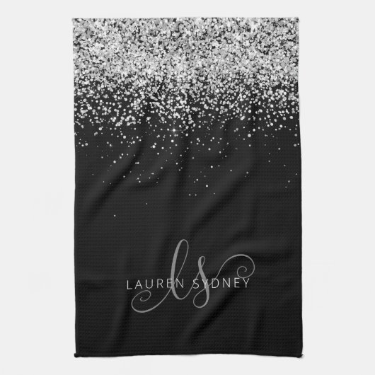 Glam Black Silver Glitzer Monogram Name Geschirrtuch (Vertikal)