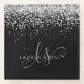 Glam Black Silver Glitzer Monogram Name Glasuntersetzer (Vorderseite)