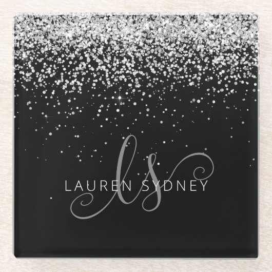 Glam Black Silver Glitzer Monogram Name Glasuntersetzer (Vorderseite)