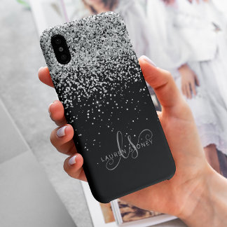 Glam Black Silver Glitzer Monogram Name iPhone 13 Hülle