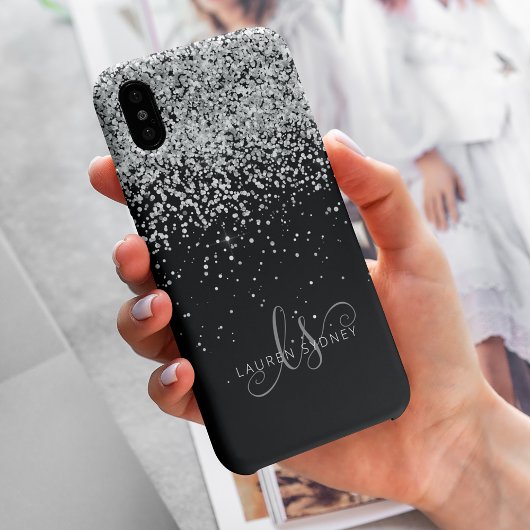 Glam Black Silver Glitzer Monogram Name iPhone Hülle
