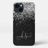 Glam Black Silver Glitzer Monogram Name iPhone Hülle (Rückseite)