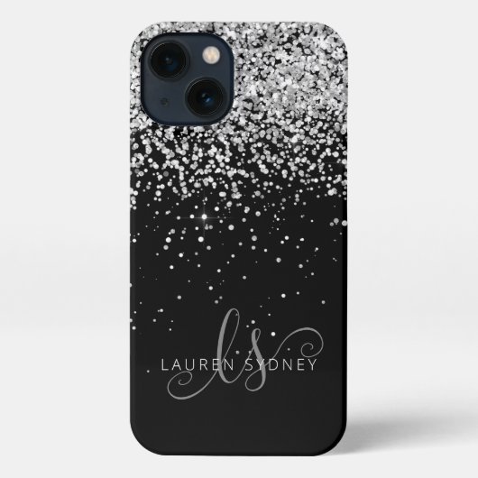 Glam Black Silver Glitzer Monogram Name iPhone Hülle (Rückseite)