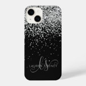 Glam Black Silver Glitzer Monogram Name iPhone Hülle (Rückseite)