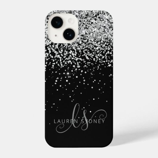 Glam Black Silver Glitzer Monogram Name iPhone Hülle (Rückseite)