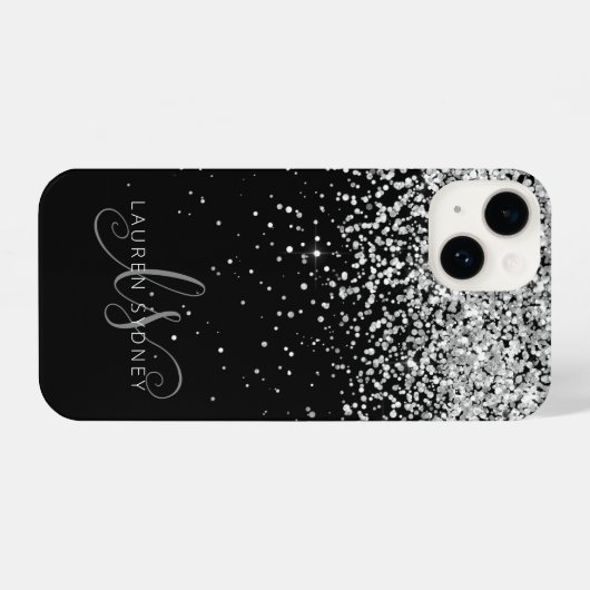 Glam Black Silver Glitzer Monogram Name iPhone Hülle (Rückseite (Horizontal))
