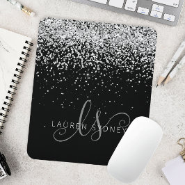 Glam Black Silver Glitzer Monogram Name Mousepad