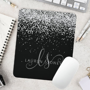 Glam Black Silver Glitzer Monogram Name Mousepad