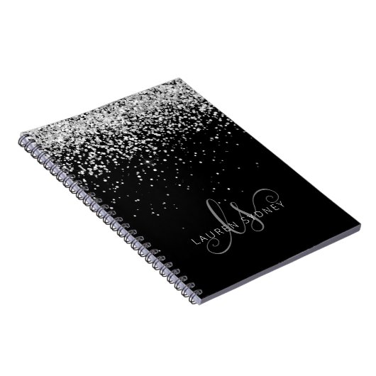 Glam Black Silver Glitzer Monogram Name Notizblock (Rechte Seite)