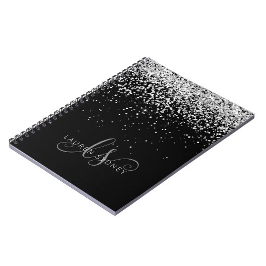 Glam Black Silver Glitzer Monogram Name Notizblock (Linke Seite)