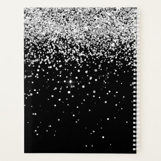 Glam Black Silver Glitzer Monogram Name Planer (Rückseite)