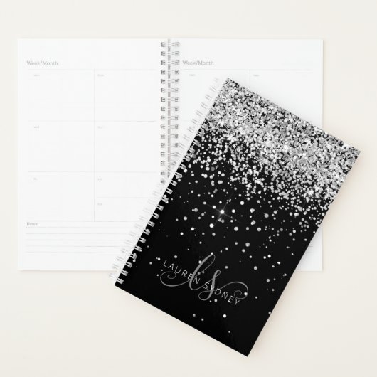 Glam Black Silver Glitzer Monogram Name Planer (Anzeige)