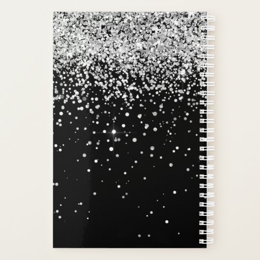 Glam Black Silver Glitzer Monogram Name Planer (Rückseite)