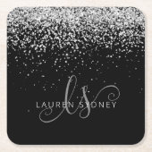 Glam Black Silver Glitzer Monogram Name Rechteckiger Pappuntersetzer (Vorderseite)