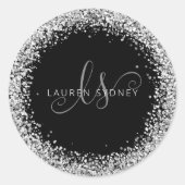 Glam Black Silver Glitzer Monogram Name Runder Aufkleber (Vorderseite)