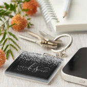 Glam Black Silver Glitzer Monogram Name Schlüsselanhänger (Vorderseite rechts)