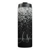 Glam Black Silver Glitzer Monogram Name Thermosbecher (Vorderseite)