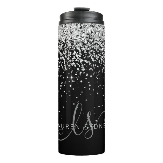 Glam Black Silver Glitzer Monogram Name Thermosbecher (Vorderseite)