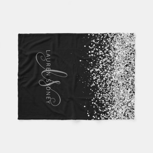 Glam Black Silver Glitzer Monogram Namv Fleecedecke (Vorderseite (Horizontal))