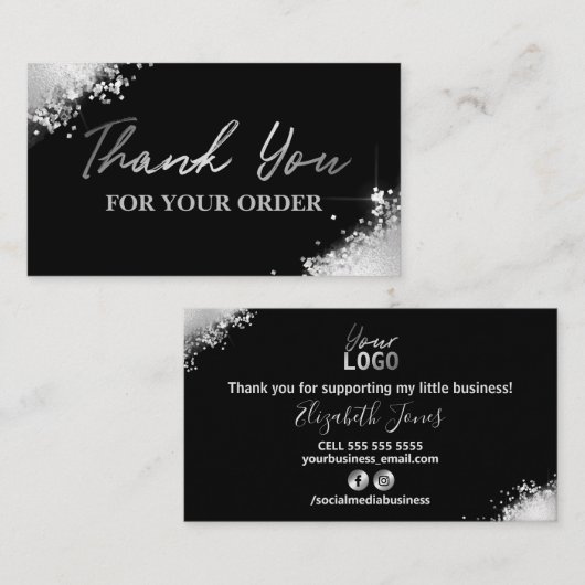 Glam Black Silver Glitzer Vielen Dank für Ihre Bes Visitenkarte (Vorne/Hinten)