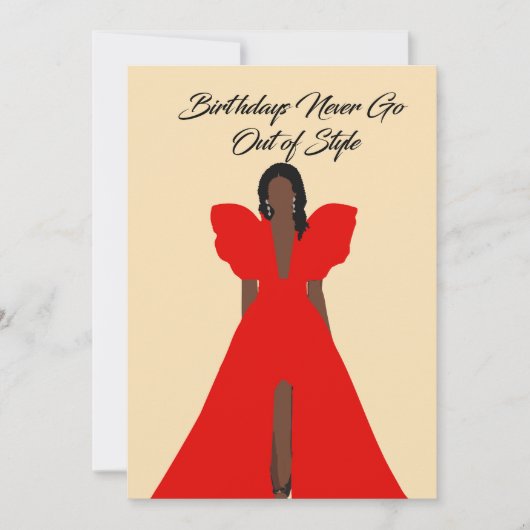 Glam Black Woman Card| Red Dress Birthday Einladung (Vorderseite)