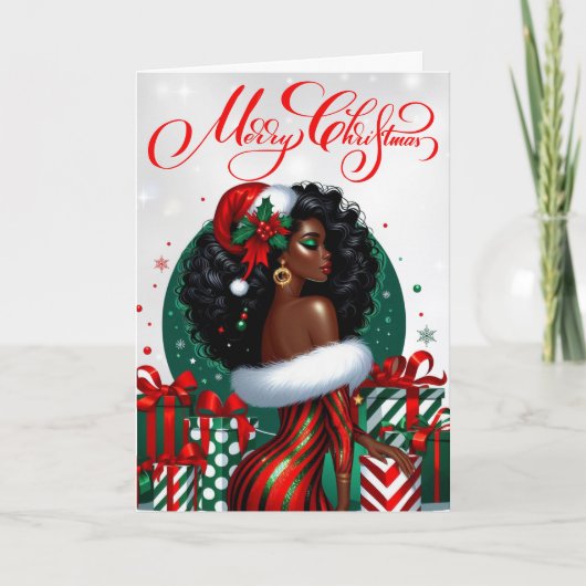 Glam Black Woman Festive Stilvolle Weihnachten Karte (Vorderseite)