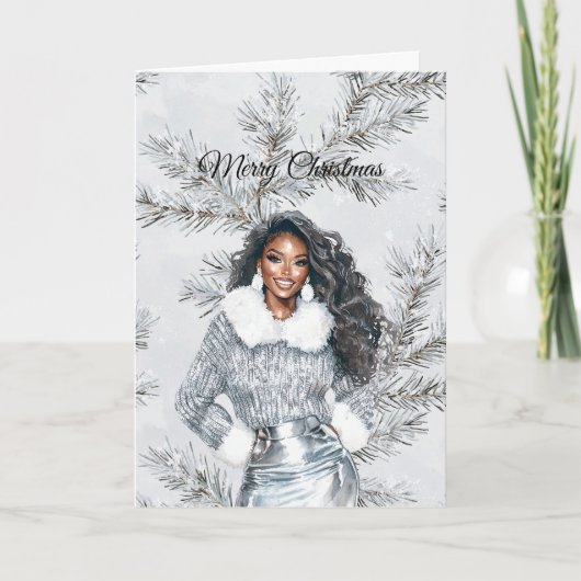 Glam Black Woman Silver Christmas Tree Branches Karte (Vorderseite)